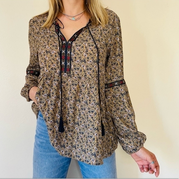 Alchemy Thread Tan And Blue Paisley Boho Babydoll Tassel Tie Peasant Blouse Top - Picture 1 of 10